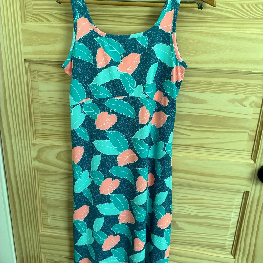 Columbia PFG Teal and Coral Leaf Print Dress